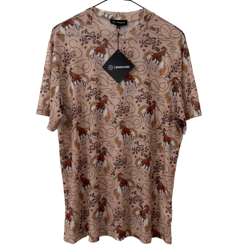 Merigold Kiss Women 3XL Mesh Rodeo Horse Print T-Shirt Tan Western Cowgirl NWT